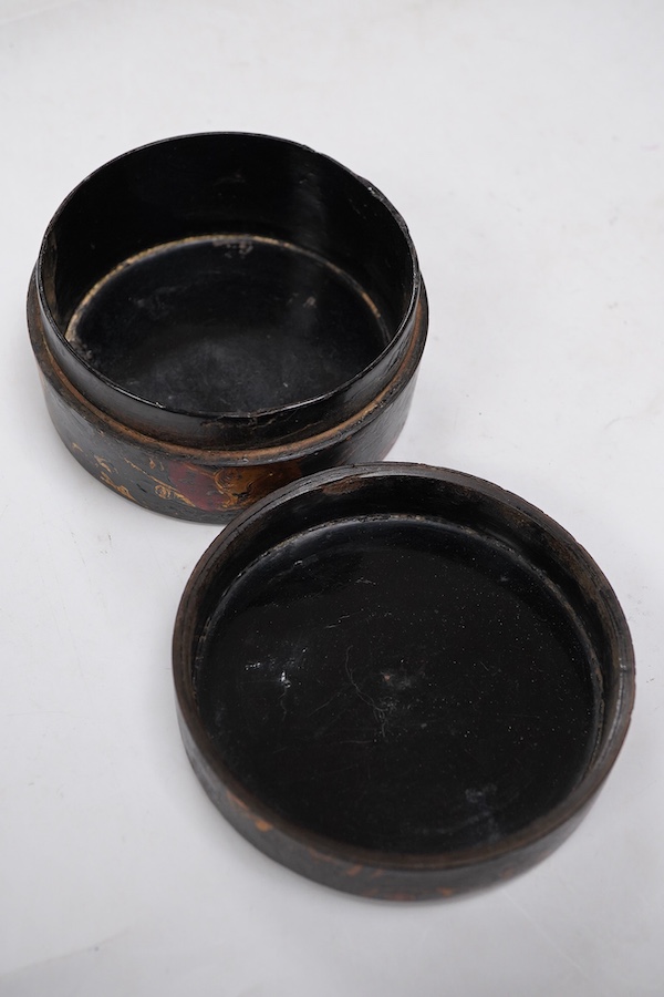 A 19th century 'Britains Glory & Defence' gilt decorated black lacquer circular box, 8.5cm diameter